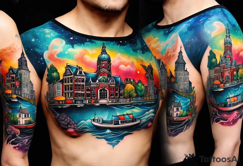 Tattoo of water in space featuring animals featuring Amsterdam buildings and canal in galaxy colours featuring animals and pineapples tattoo idea