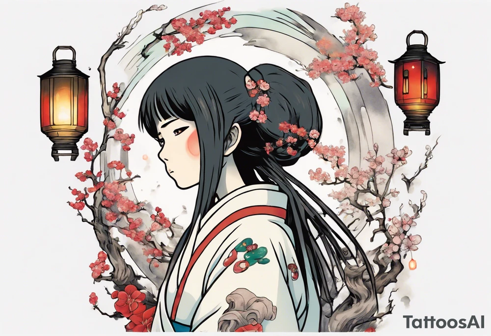 spirited away sleeve, chihiro uchigo, lanterns, blossoms, spirits, sen, tattoo idea
