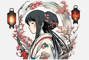 spirited away sleeve, chihiro uchigo, lanterns, blossoms, spirits, sen, tattoo idea