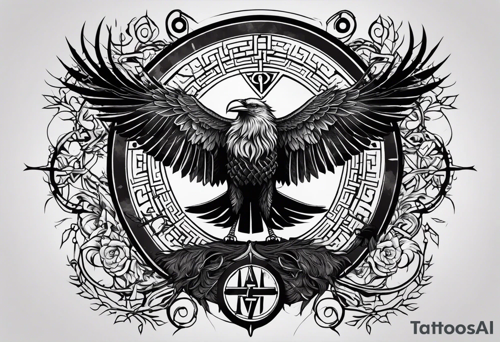 Viking design. Vegvisir on top of a raven with its wings outstretched, below it a Viking valknut symbol intertwined beneath it a tree if life design tattoo idea