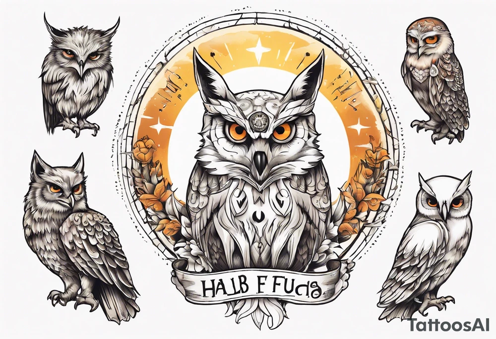 halb 
Fuchs halb Eule unter der Sonne mit dem Schriftzug Sapere Aude tattoo idea