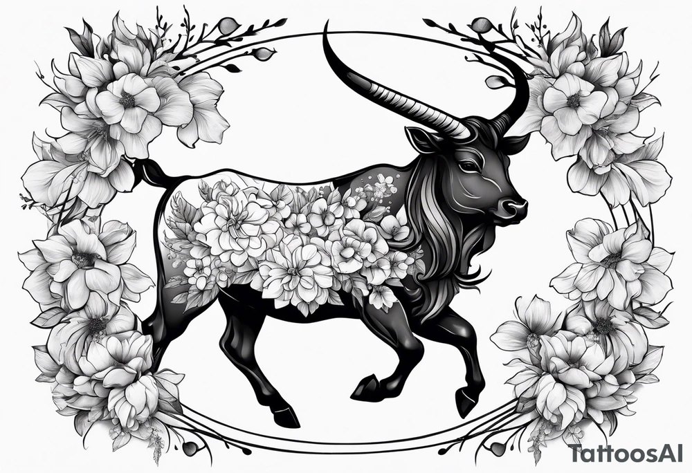 Taurus zodiac symbol intertwined with the Sagittarius zodiac symbol with delicate flowers tattoo idea