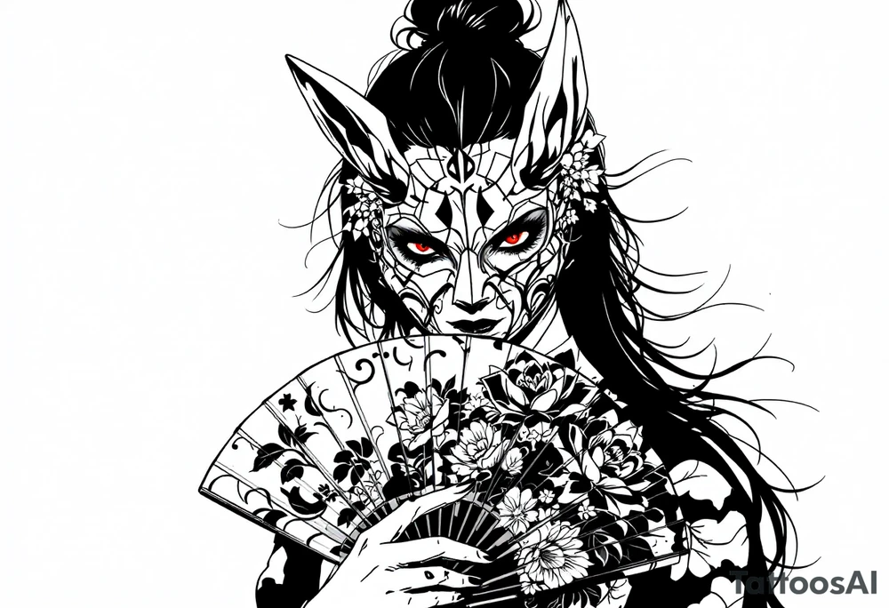 Woman samurai with red eyes wearing an half and broken kitsune mask, holding a japanese fan with belamcada flowers tattoo idea