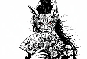 Woman samurai with red eyes wearing an half and broken kitsune mask, holding a japanese fan with belamcada flowers tattoo idea