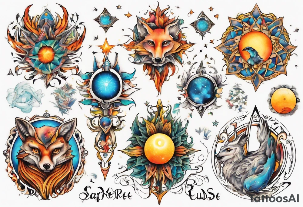 fisch, fuchs und eule , symetrie  sonne, universum, bunt, " sapere aude" tattoo idea