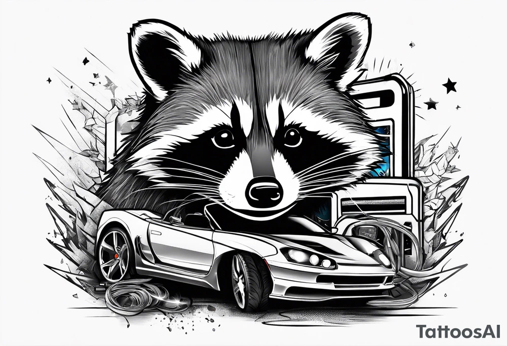 raccoon making sparks with boosting cable with a car batterie tattoo idea