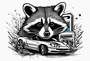 raccoon making sparks with boosting cable with a car batterie tattoo idea