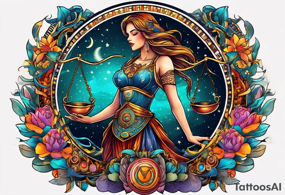 Libra woman holding scales with a night zodiac background including a half moon that encircles half of the woman with vibrant colors tattoo idea