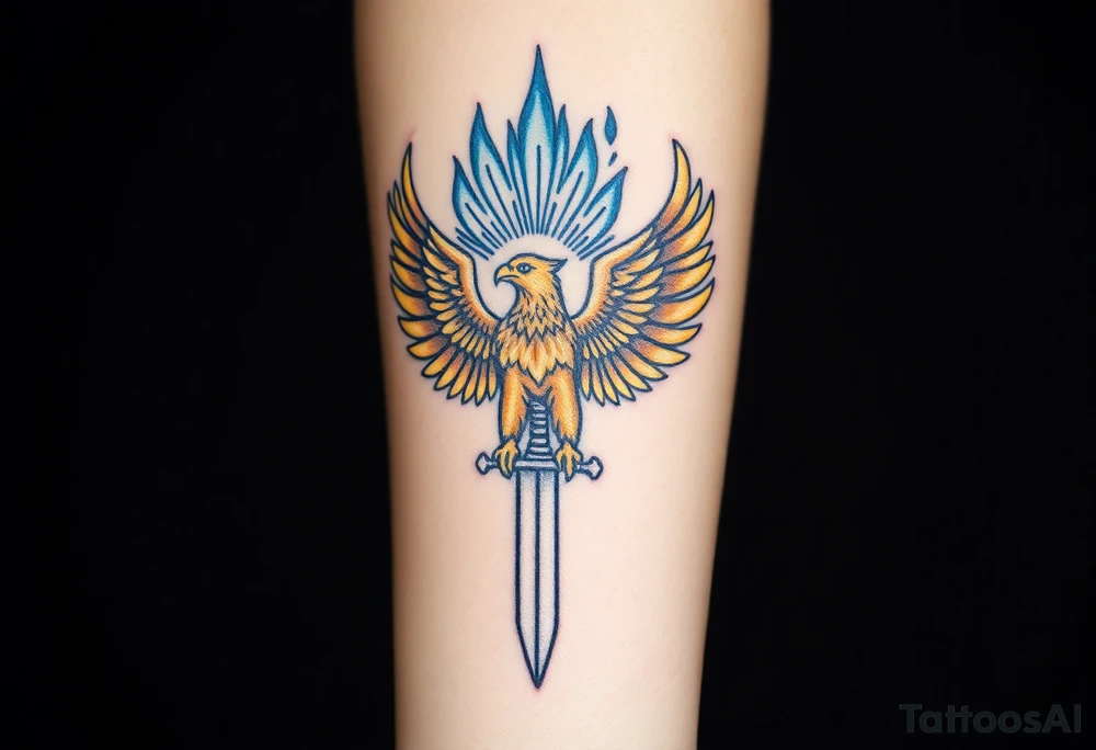 A golden eagle with a radiant crown, standing on a sword, surrounded by mystical blue flame tattoo idea