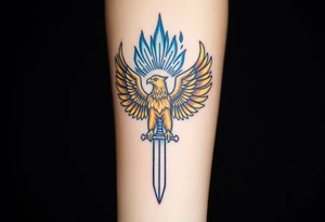 A golden eagle with a radiant crown, standing on a sword, surrounded by mystical blue flame tattoo idea