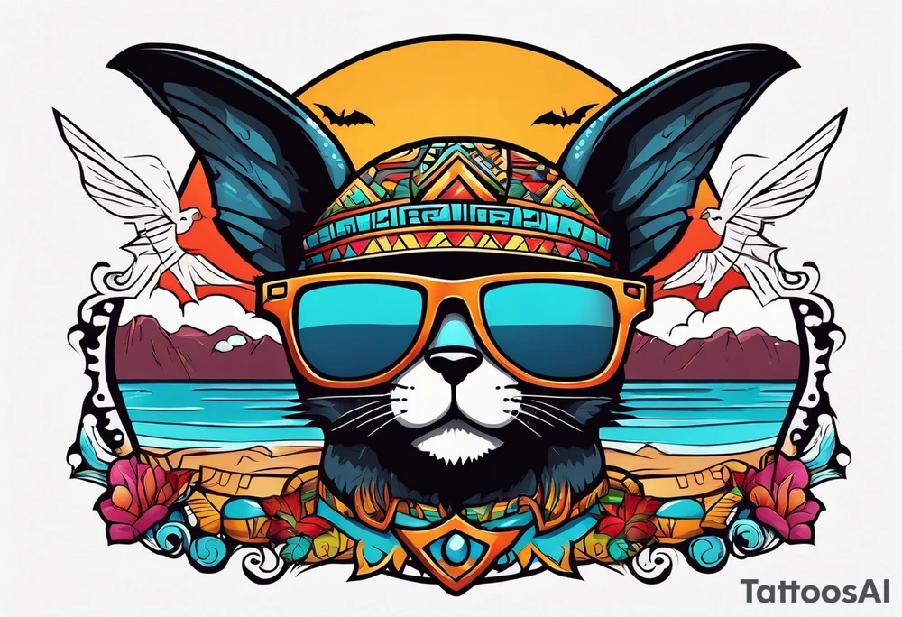 Colorful Mayan hieroglyph wearing sunglasses with bats and water tattoo idea