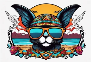 Colorful Mayan hieroglyph wearing sunglasses with bats and water tattoo idea