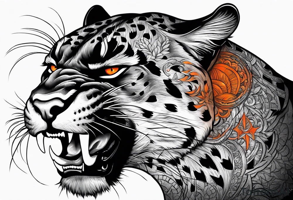 Facial of an angry panther with red-orange eyes tattoo idea