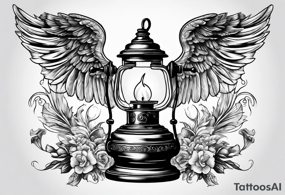 Extinguished oil lamp with smoke and angel wings tattoo idea