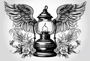 Extinguished oil lamp with smoke and angel wings tattoo idea
