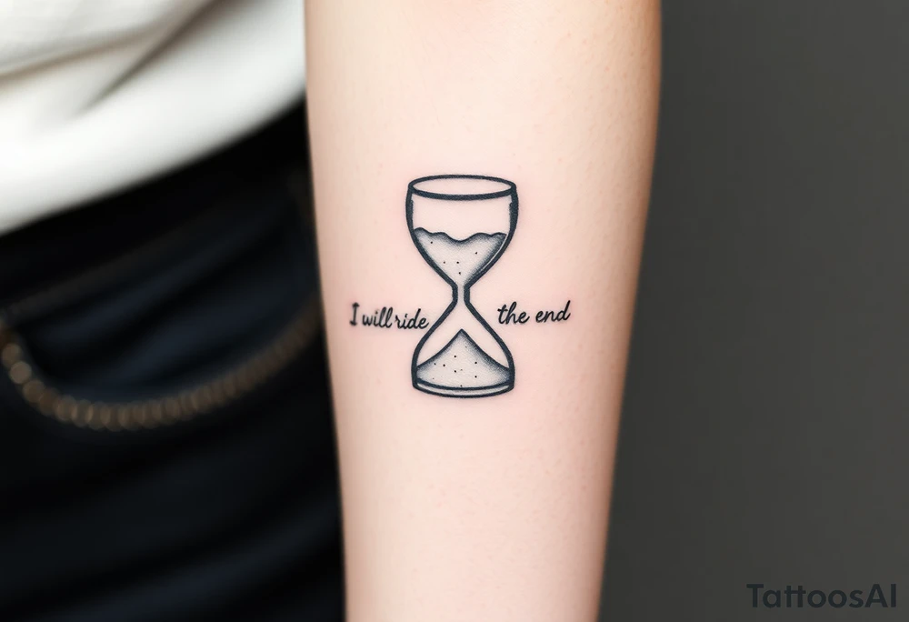 Broken hourglass was the sand transforming the hearts with the phrase.I will ride to the end tattoo idea