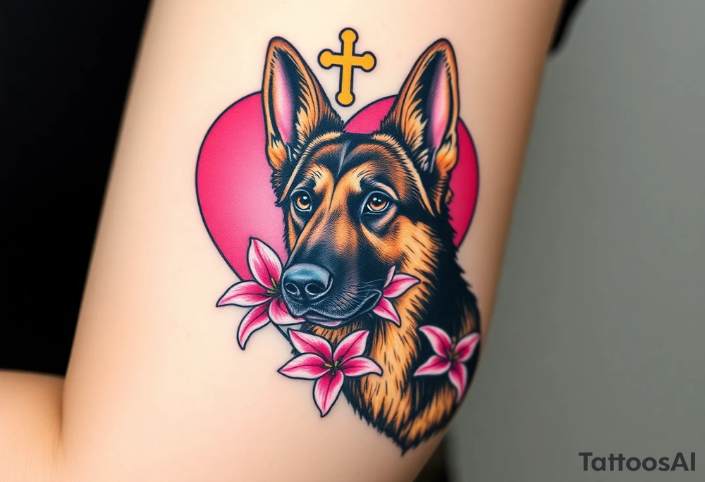 realistic german shepherd with alert ears looking protective with pink lilies in front of a sacred heart tattoo idea