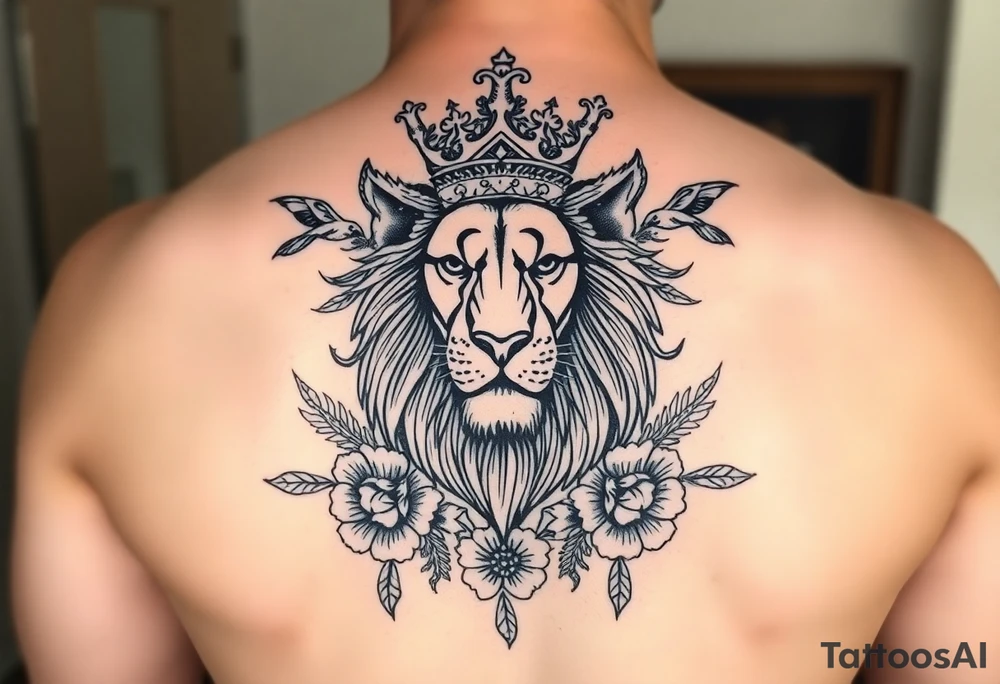 powerful majestic lion with a crown, surrounded by floral ornaments and birds tattoo idea