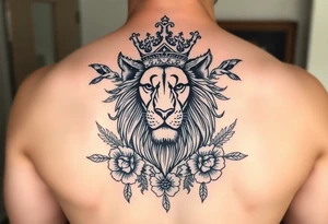 powerful majestic lion with a crown, surrounded by floral ornaments and birds tattoo idea