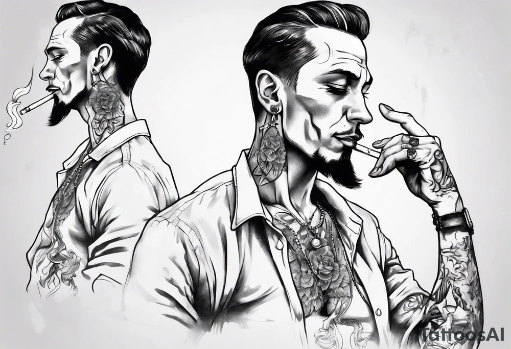 one full-length man with earrings in his ears standing there smoking a cigarette. tattoo idea