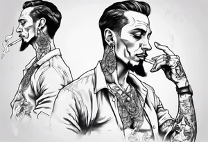 one full-length man with earrings in his ears standing there smoking a cigarette. tattoo idea