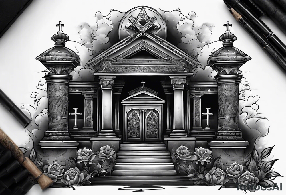 Tomb with smoke and crosses tattoo idea