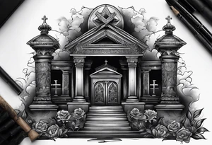 Tomb with smoke and crosses tattoo idea