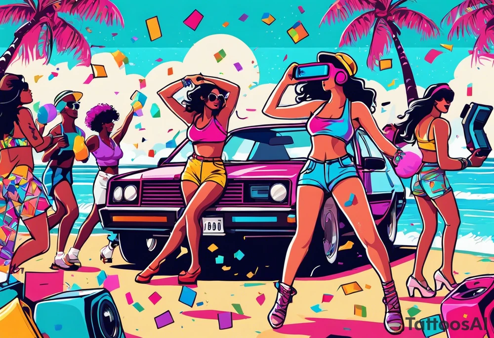1980's style dance party with boom box and confetti in a beach theme. include people in 80's miami beach clothes, music note. Do not include cars tattoo idea