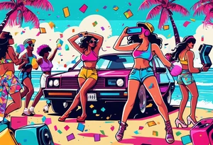 1980's style dance party with boom box and confetti in a beach theme. include people in 80's miami beach clothes, music note. Do not include cars tattoo idea