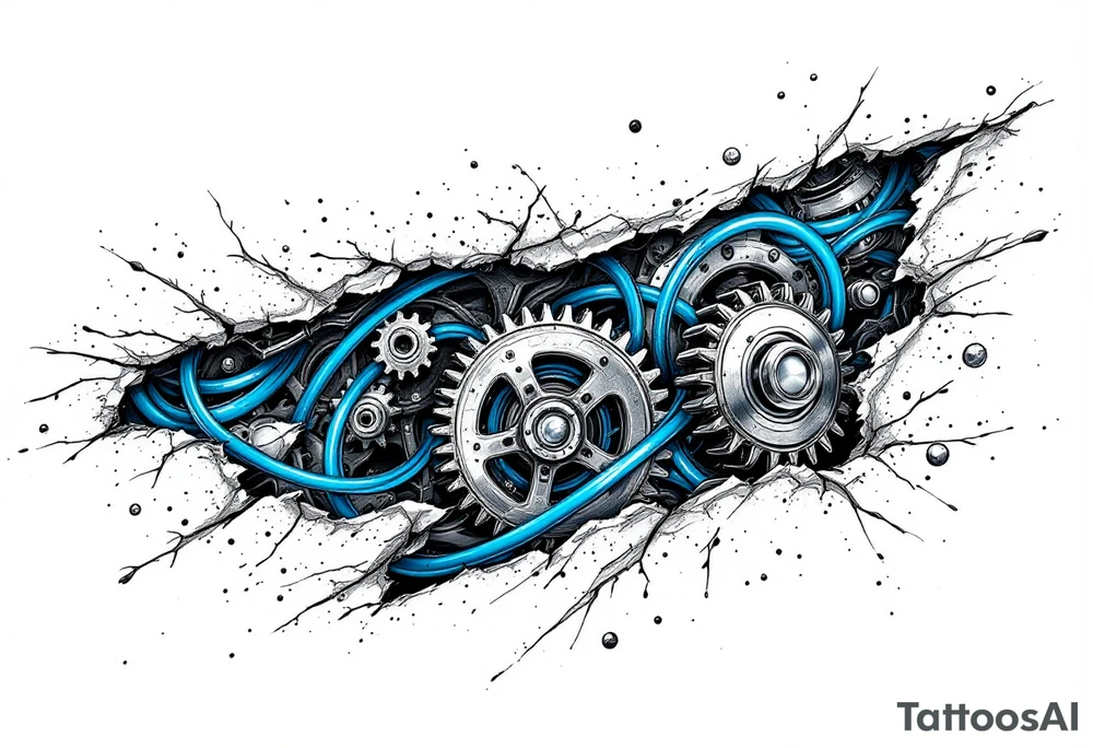 This full-hand design features torn skin revealing chrome gears and pistons with icy blue wiring. tattoo idea