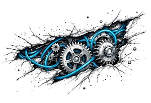 This full-hand design features torn skin revealing chrome gears and pistons with icy blue wiring. tattoo idea