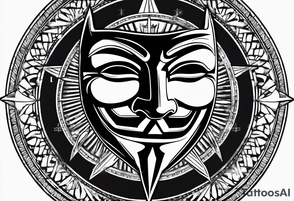 Centered v for vendetta, mask only. No hat.   Vintage compass surround. Crossing Swords tattoo idea