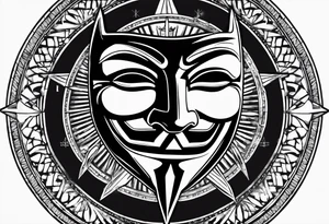 Centered v for vendetta, mask only. No hat.   Vintage compass surround. Crossing Swords tattoo idea