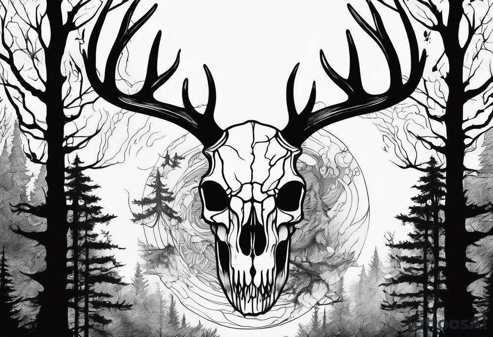 A side view of a frightening horror DECAYING deer skull JUST BONE surrounded by a forest fire in background tattoo idea