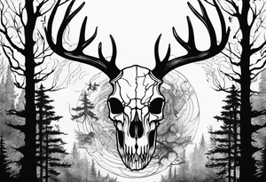 A side view of a frightening horror DECAYING deer skull JUST BONE surrounded by a forest fire in background tattoo idea
