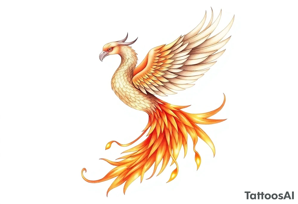 magnificent phoenix rising from golden flames with trailing embers tattoo idea