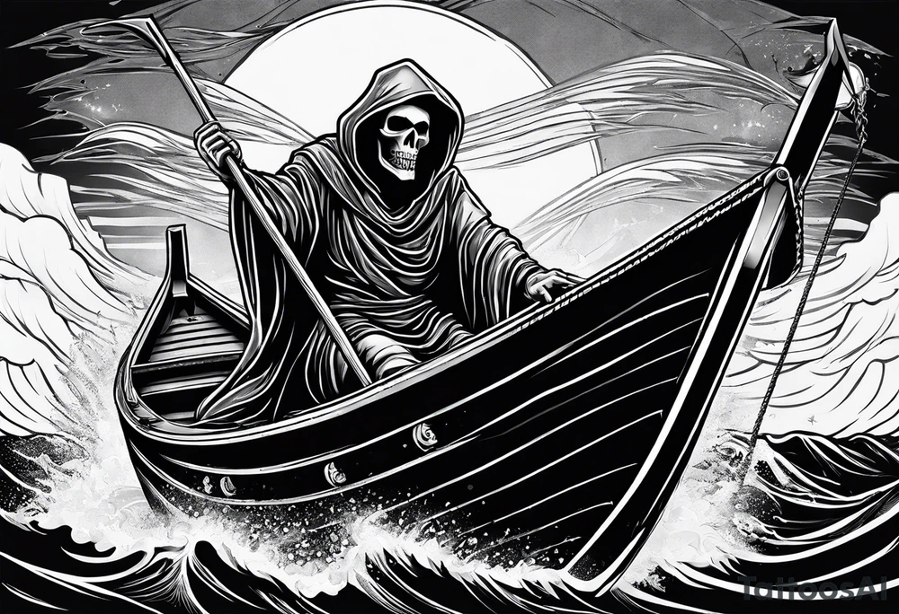Grim reaper riding a small boat with souls underneath the boat tattoo idea