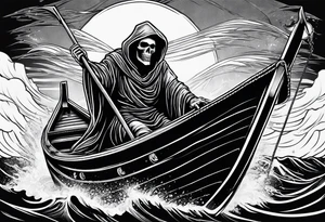 Grim reaper riding a small boat with souls underneath the boat tattoo idea