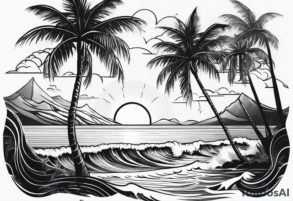 travel theme with sunshine, palm tree, waves tattoo idea