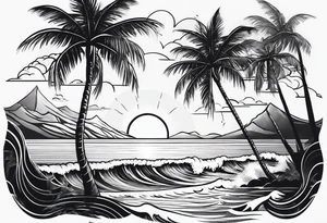 travel theme with sunshine, palm tree, waves tattoo idea