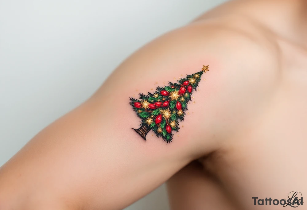 Leo 25. 10. 2017 – A red, green, and gold Christmas tree adorned with tiny sparkling lights, with Leo's birthdate below in elegant silver script. tattoo idea