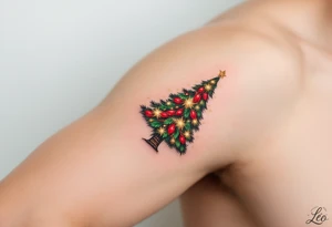 Leo 25. 10. 2017 – A red, green, and gold Christmas tree adorned with tiny sparkling lights, with Leo's birthdate below in elegant silver script. tattoo idea