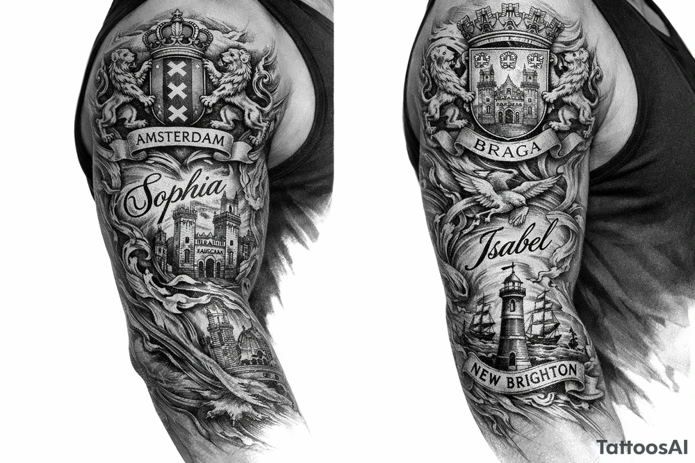 Crests of Amsterdam and Braga and New Brighton. My daughters names Sophia and Isabel. tattoo idea