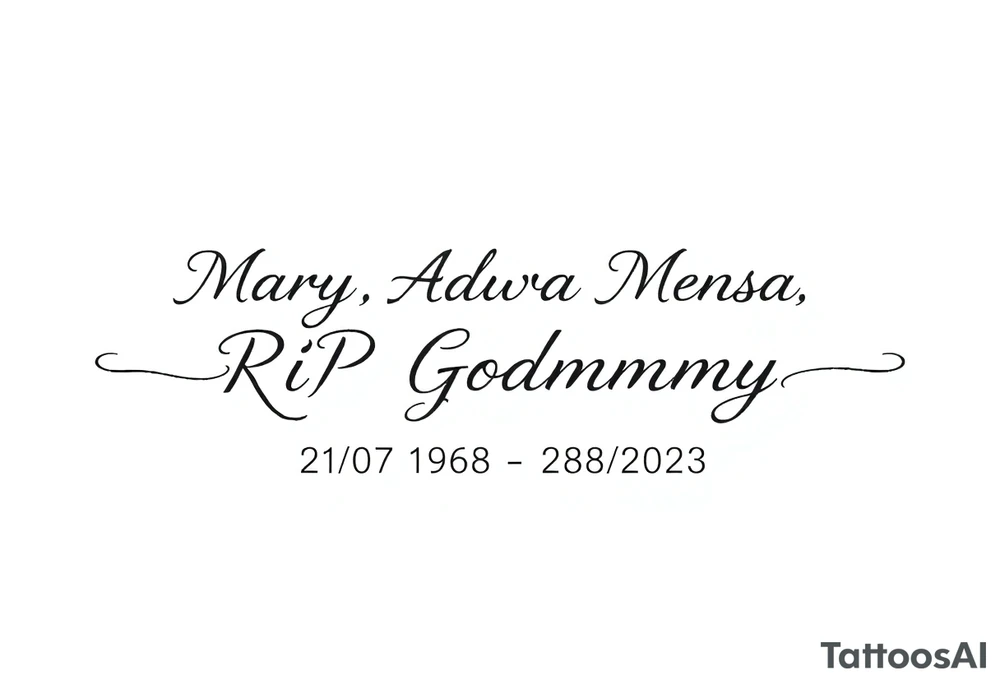 a message saying: Mary "Adwoa" Mensah, RIP Godmummy, 21/07/1958 - 28/07/2023 tattoo idea