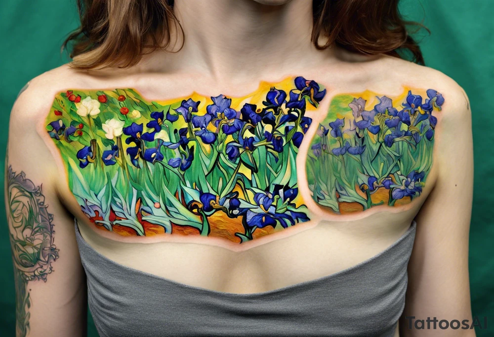 Create a condensed, thick, colorful Vincent van Gogh Irises tattoo, with vines in Celtic knots gracefully intertwining at mountains, needs to be present. The intended placement is on the upper chest. The overall design should be small in size while maintaining a delicate and artistic aesthetic. Pay attention to the graceful flow of the vines and the placement of the irises to achieve a refined and elegant look. tattoo idea