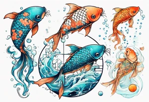 Water scene, featuring koi karp, jellyfish, the moon. With nods to Pisces. tattoo idea