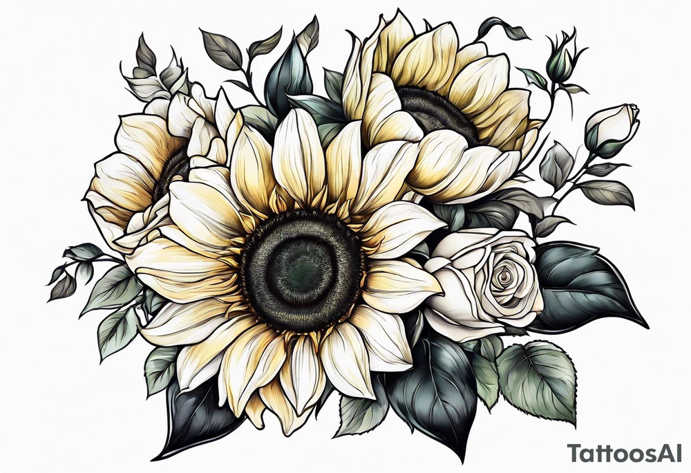 sunflower rose sweet pea bouquet tattoo idea