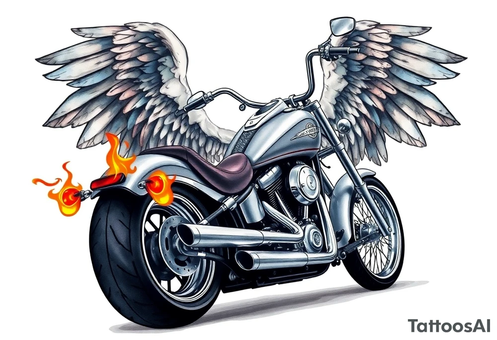 Low rider grey motorcycle, big muffler pipes with flames, angel wings, driving away, no person tattoo idea