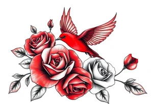 Vintage lace, red roses close together, bright red bird flying freely tattoo idea
