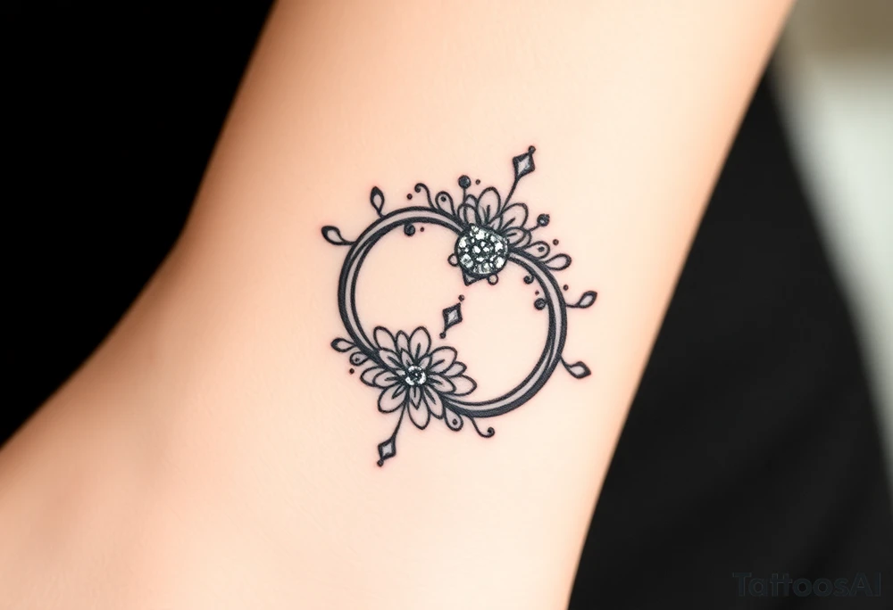 An elegant intertwined wedding ring, with delicate floral engravings and sparkling diamond details, symbolizing eternal love. tattoo idea